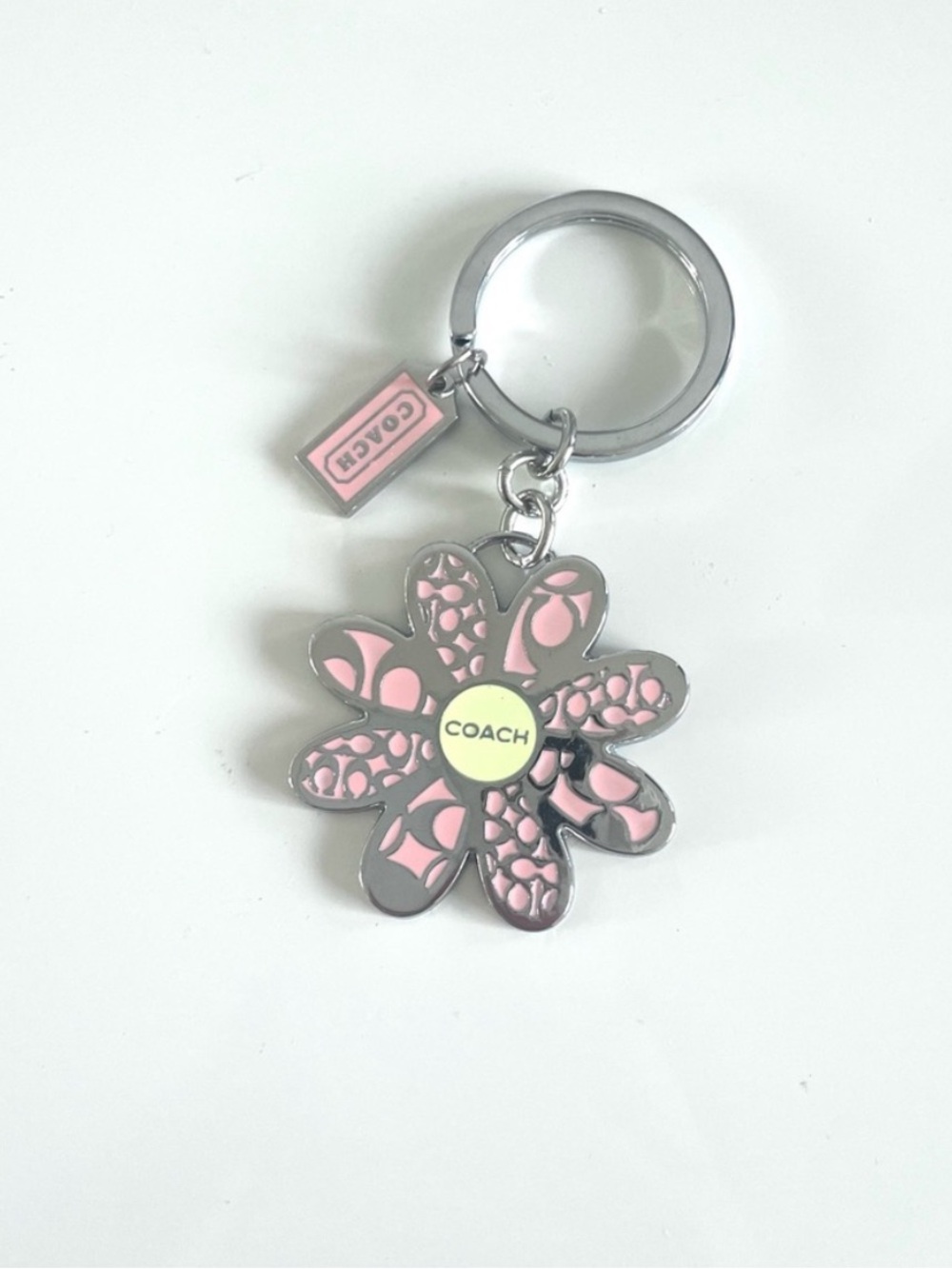 Coach Pink Flower Keyring Charm with Silver Hardware